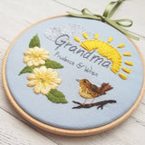 6" Name hoop, Needle Painted Primrose and Wren - Custom/Bespoke Hoop Art Gallery