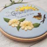 6" Name hoop, Needle Painted Primrose and Wren - Custom/Bespoke Hoop Art Gallery