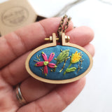 Oval floral Necklace - Hand Embroidered Wearable