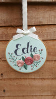 6" 3 rose mint - Custom Name Hoop -Nursery Decor Children's Bedroom