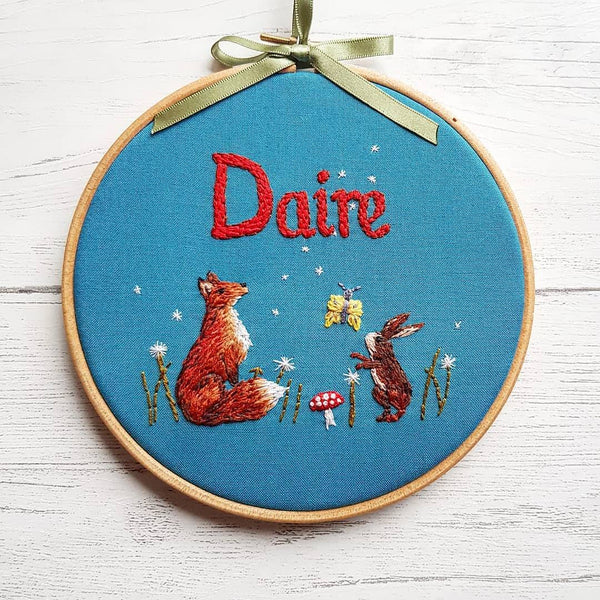 6" Name hoop, Needle Painted Fox & Hare - Custom/Bespoke Hoop Art Gallery