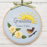 6" Name hoop, Needle Painted Primrose and Wren - Custom/Bespoke Hoop Art Gallery