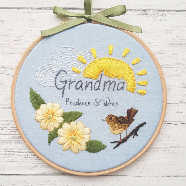 6" Name hoop, Needle Painted Primrose and Wren - Custom/Bespoke Hoop Art Gallery