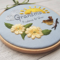 6" Name hoop, Needle Painted Primrose and Wren - Custom/Bespoke Hoop Art Gallery