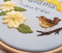 6" Name hoop, Needle Painted Primrose and Wren - Custom/Bespoke Hoop Art Gallery