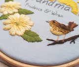 6" Name hoop, Needle Painted Primrose and Wren - Custom/Bespoke Hoop Art Gallery